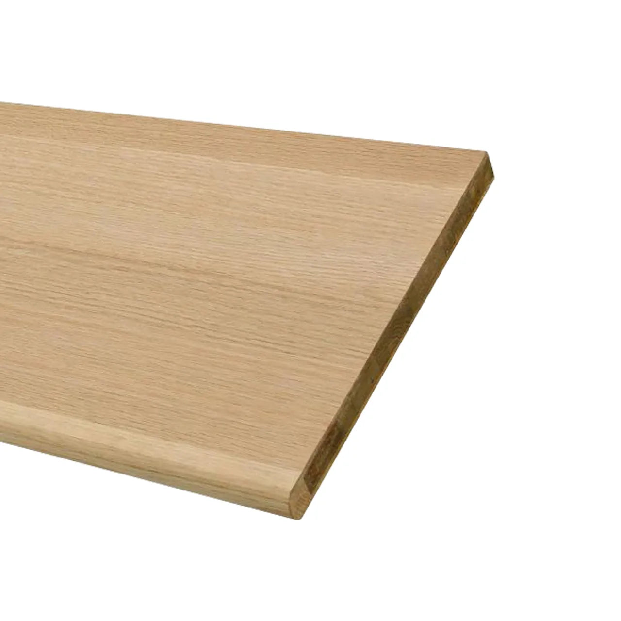 A close-up of the Go Build 11-1/2 x 48 in. Red Oak Engineered Tread, featuring a smooth, light finish and sharp edges, isolated on white—ideal for stair treads and stair parts by The Fastest Way To Build.